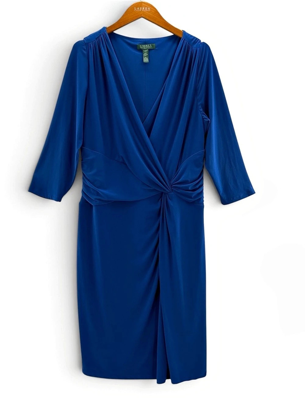 Lauren Ralph Lauren 16W Royal Blue Ruched Twist Front Wrap Midi Dress